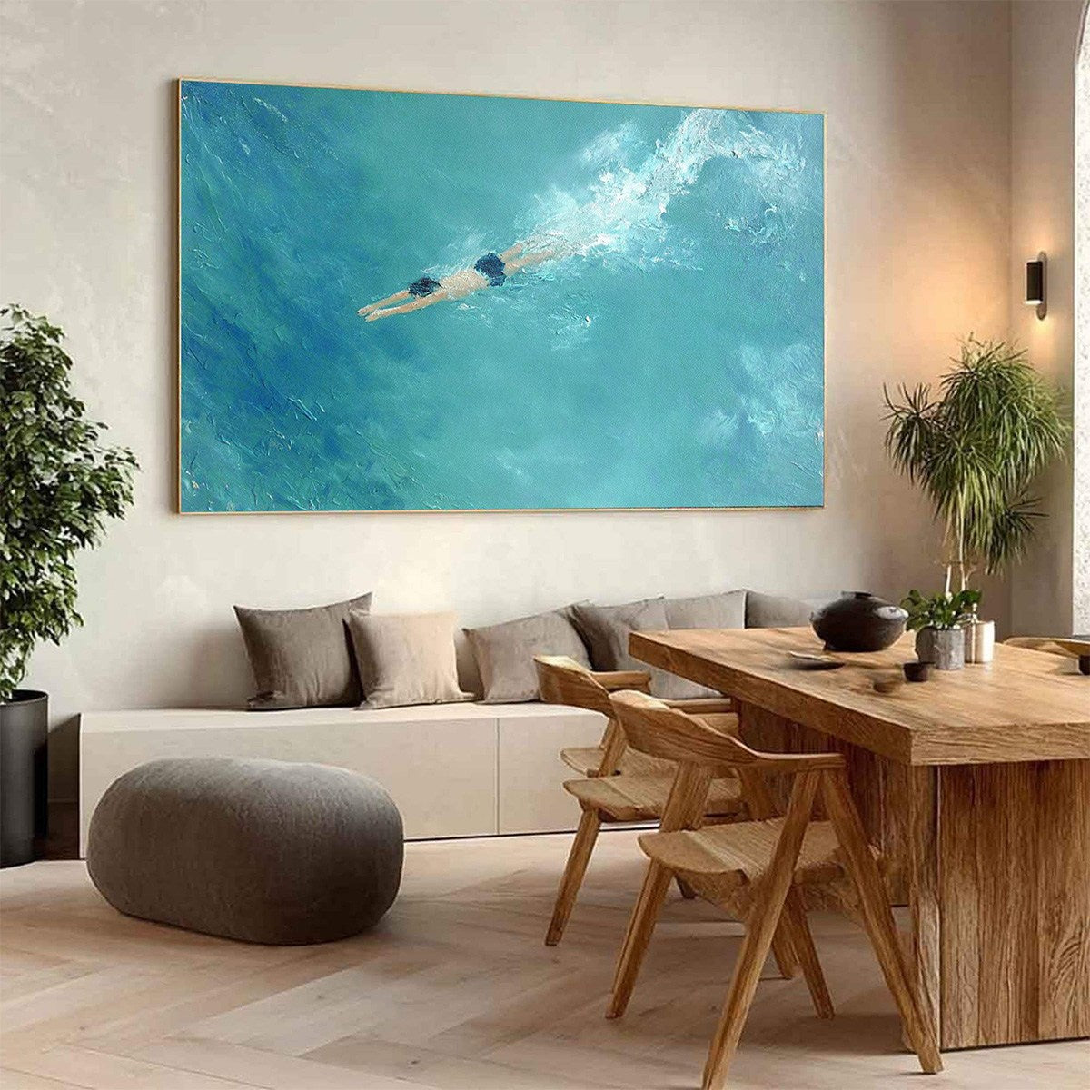 Ocean Dive hand-painted turquoise and teal textured beach scene painting shown as stretched canvas