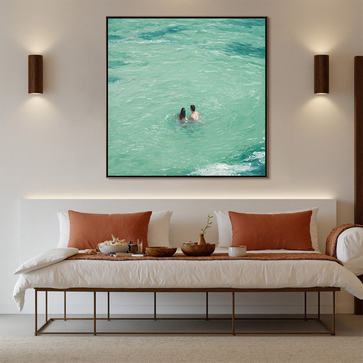 Ocean Embrace hand-painted turquoise and ivory textured beach scene painting shown with silver frame