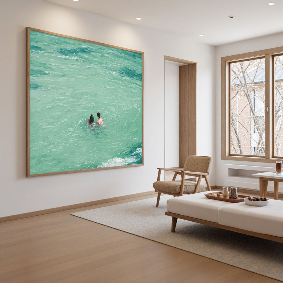 Ocean Embrace hand-painted turquoise and ivory textured beach scene painting shown with gold frame