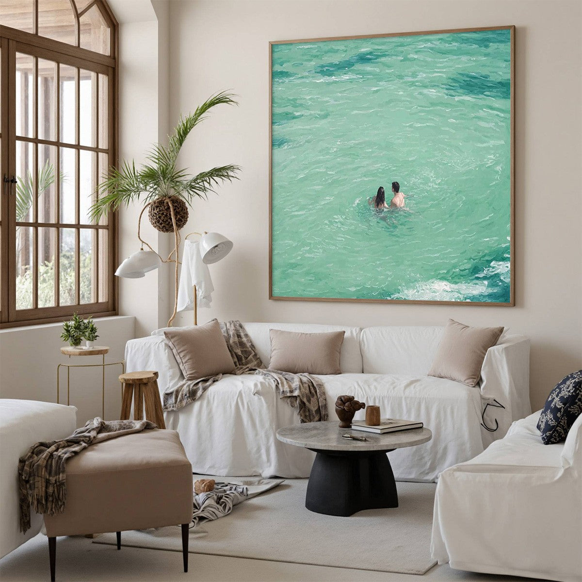 Ocean Embrace hand-painted turquoise and ivory textured beach scene painting shown with white frame