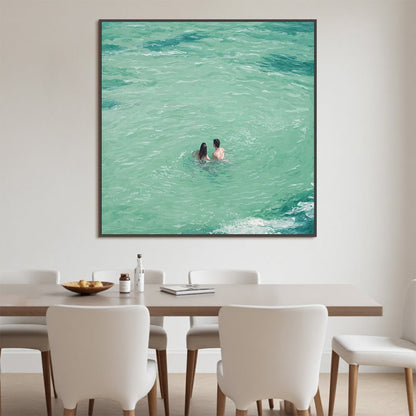 Ocean Embrace hand-painted turquoise and ivory textured beach scene painting shown with wood frame