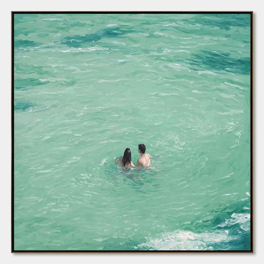 Ocean Embrace hand-painted turquoise and ivory textured beach scene painting rolled canvas option