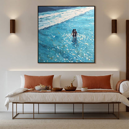 Ocean Embrace hand-painted turquoise and ivory textured beach scene painting shown with silver frame