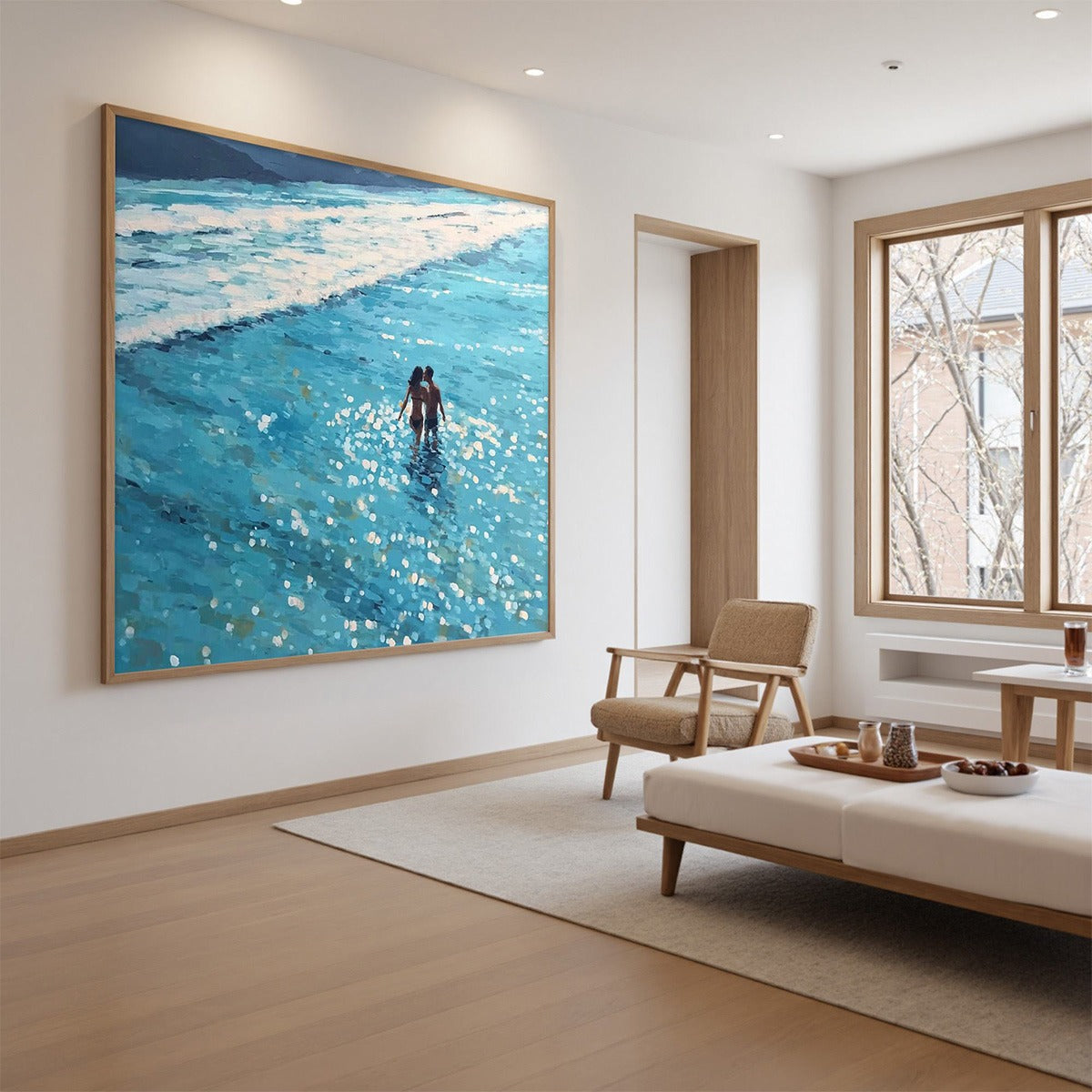 Ocean Embrace hand-painted turquoise and ivory textured beach scene painting shown with gold frame