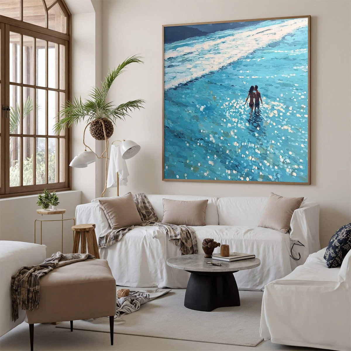 Ocean Embrace hand-painted turquoise and ivory textured beach scene painting shown with white frame