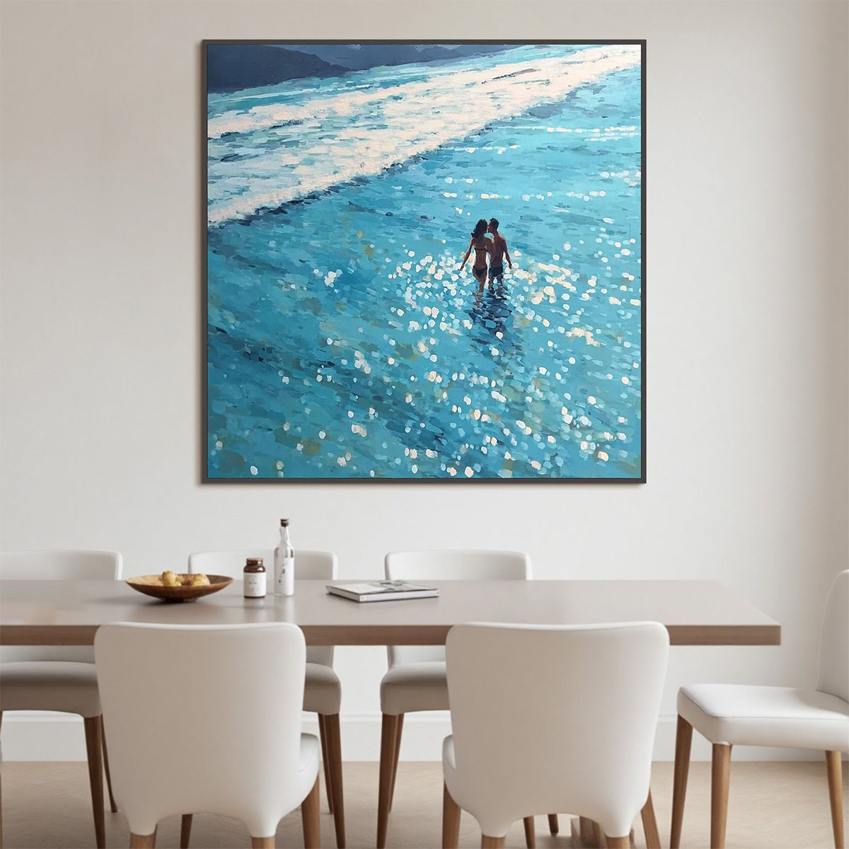 Ocean Embrace hand-painted turquoise and ivory textured beach scene painting shown with wood frame