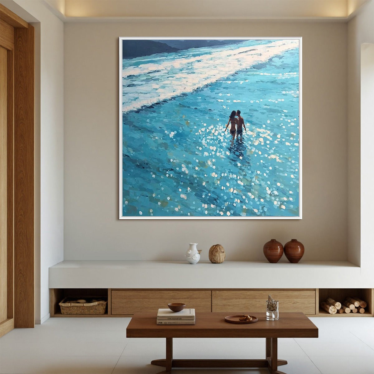 Ocean Embrace hand-painted turquoise and ivory textured beach scene painting shown as stretched canvas