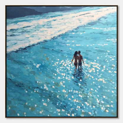 Ocean Embrace hand-painted turquoise and ivory textured beach scene painting rolled canvas option