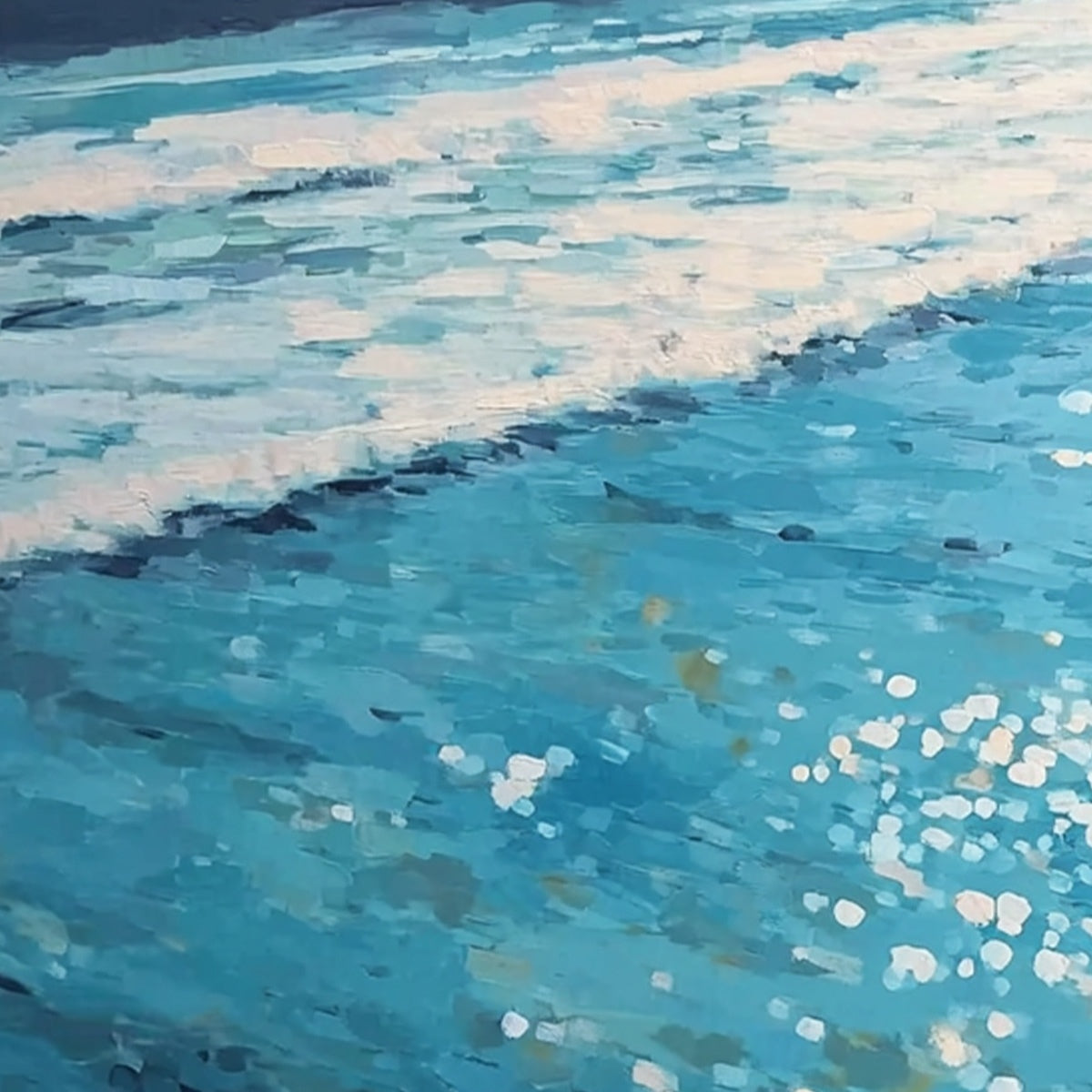 Ocean Embrace hand-painted turquoise and ivory textured beach scene painting shown with black frame