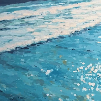 Ocean Embrace hand-painted turquoise and ivory textured beach scene painting shown with black frame