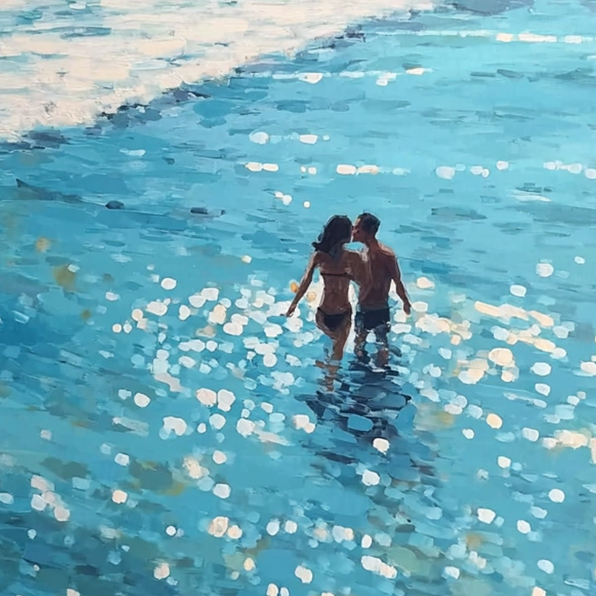 Ocean Embrace hand-painted turquoise and ivory textured beach scene painting rolled canvas option