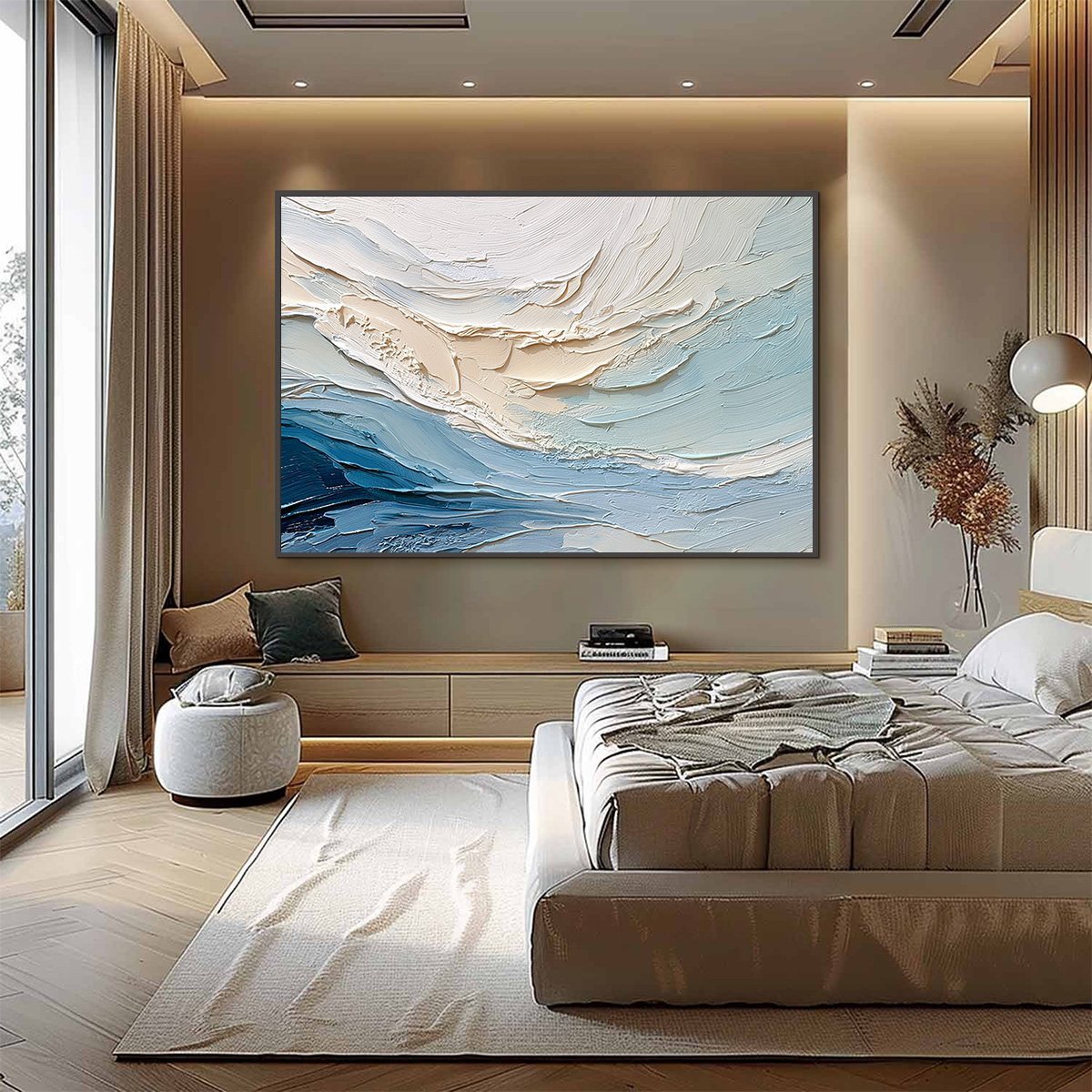 Ocean's Breath hand-painted sand and ivory textured ocean wave painting shown with silver frame