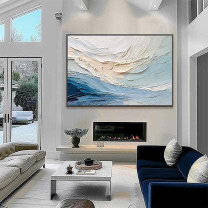Ocean's Breath hand-painted sand and ivory textured ocean wave painting shown with black frame