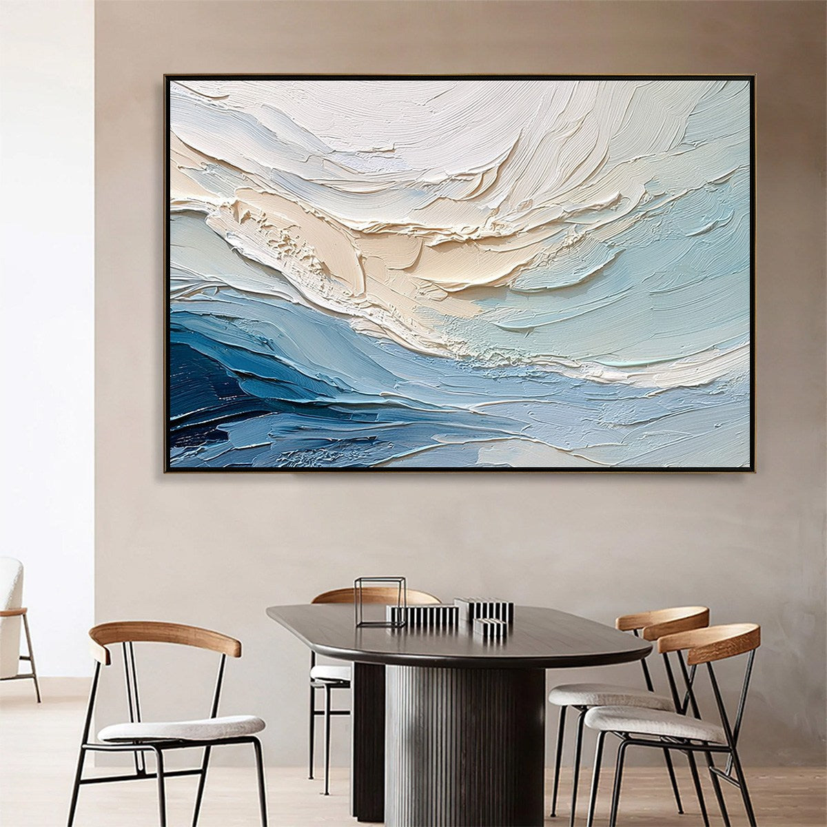 Ocean's Breath hand-painted sand and ivory textured ocean wave painting shown as stretched canvas
