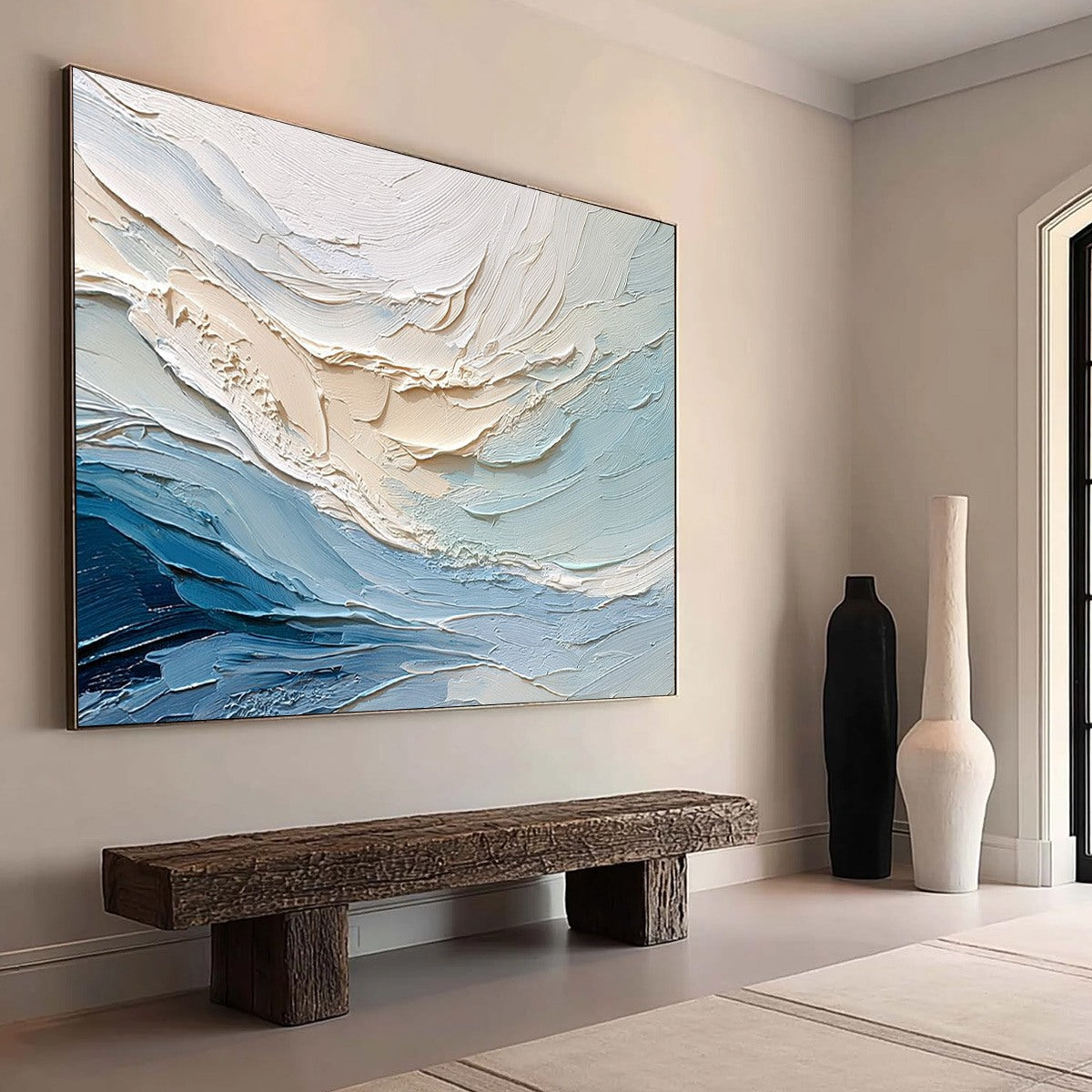 Ocean's Breath hand-painted sand and ivory textured ocean wave painting shown with wood frame