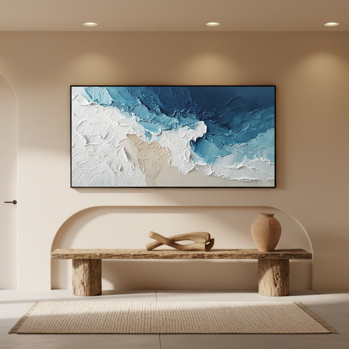 Ocean's Embrace hand-painted sand and ivory textured ocean wave painting shown as stretched canvas