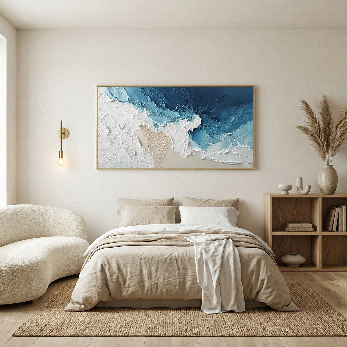 Ocean's Embrace hand-painted sand and ivory textured ocean wave painting shown with black frame