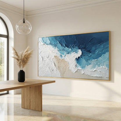 Ocean's Embrace hand-painted sand and ivory textured ocean wave painting shown with wood frame
