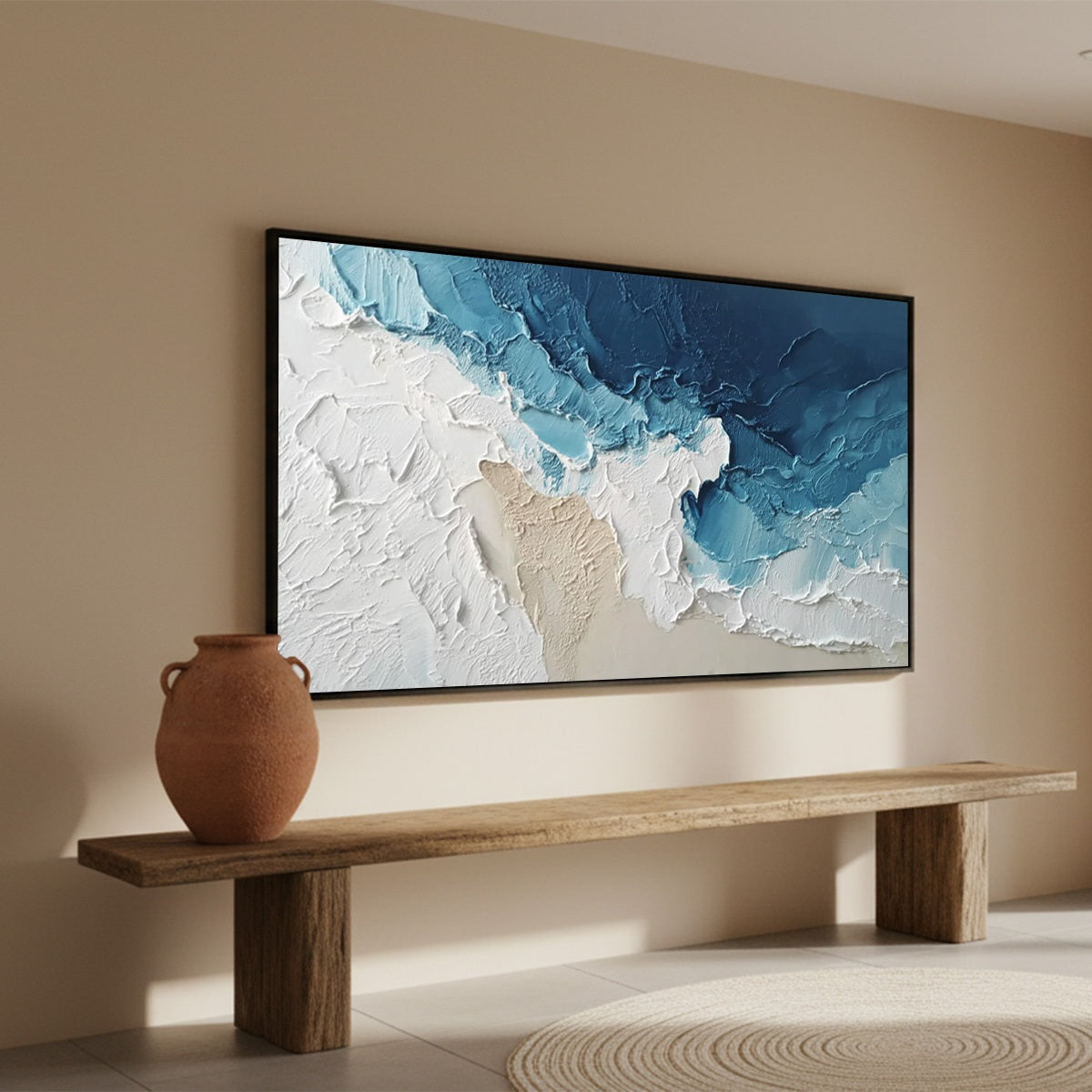 Ocean's Embrace hand-painted sand and ivory textured ocean wave painting rolled canvas option
