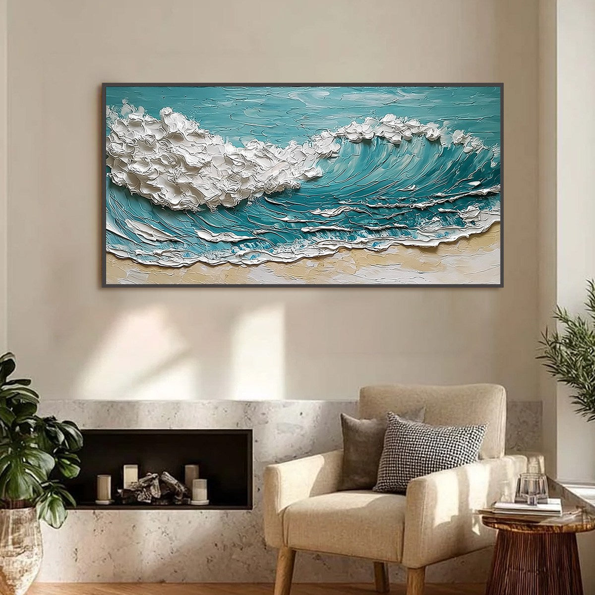 Ocean's Embrace hand-painted ocean blue, ivory and soft neutral tones textured ocean wave painting shown as stretched canvas