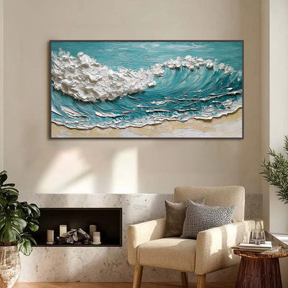 Ocean's Embrace hand-painted ocean blue, ivory and soft neutral tones textured ocean wave painting shown as stretched canvas