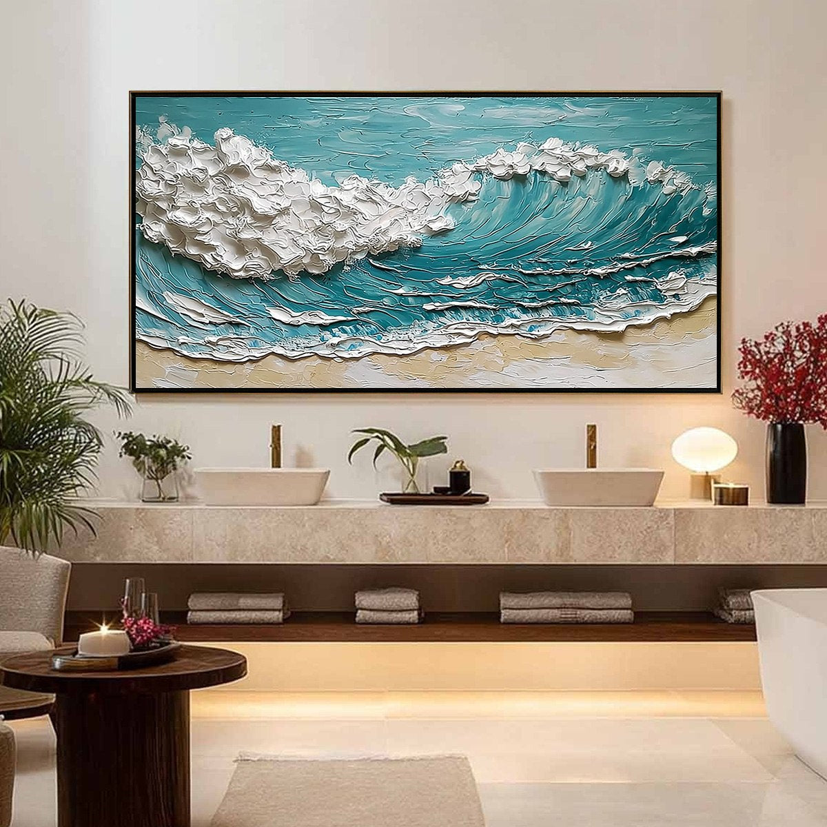 Ocean's Embrace hand-painted ocean blue, ivory and soft neutral tones textured ocean wave painting shown with silver frame