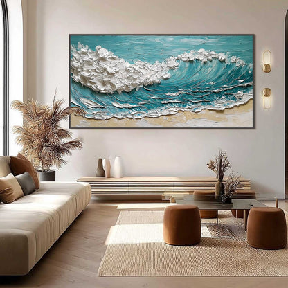 Ocean's Embrace hand-painted ocean blue, ivory and soft neutral tones textured ocean wave painting shown with black frame