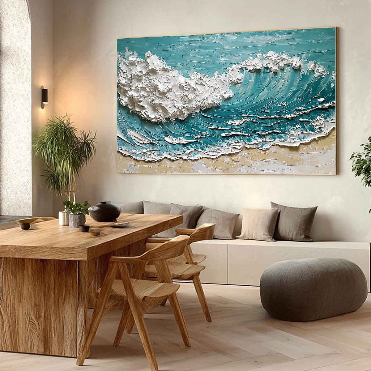Ocean's Embrace hand-painted ocean blue, ivory and soft neutral tones textured ocean wave painting shown with wood frame