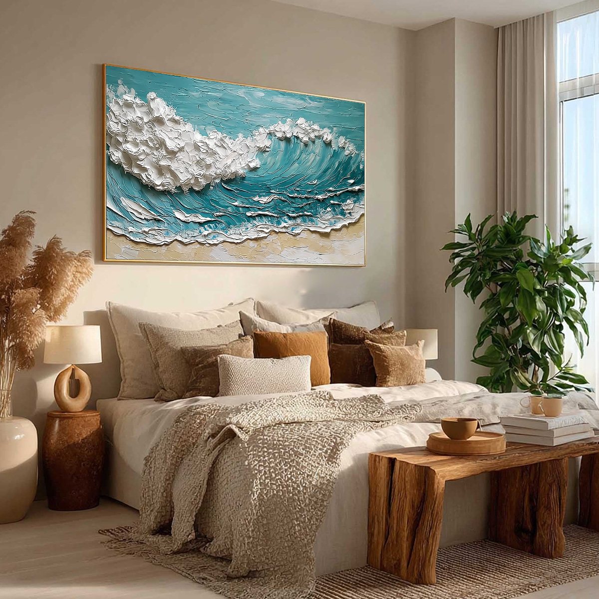 Ocean's Embrace hand-painted ocean blue, ivory and soft neutral tones textured ocean wave painting rolled canvas option