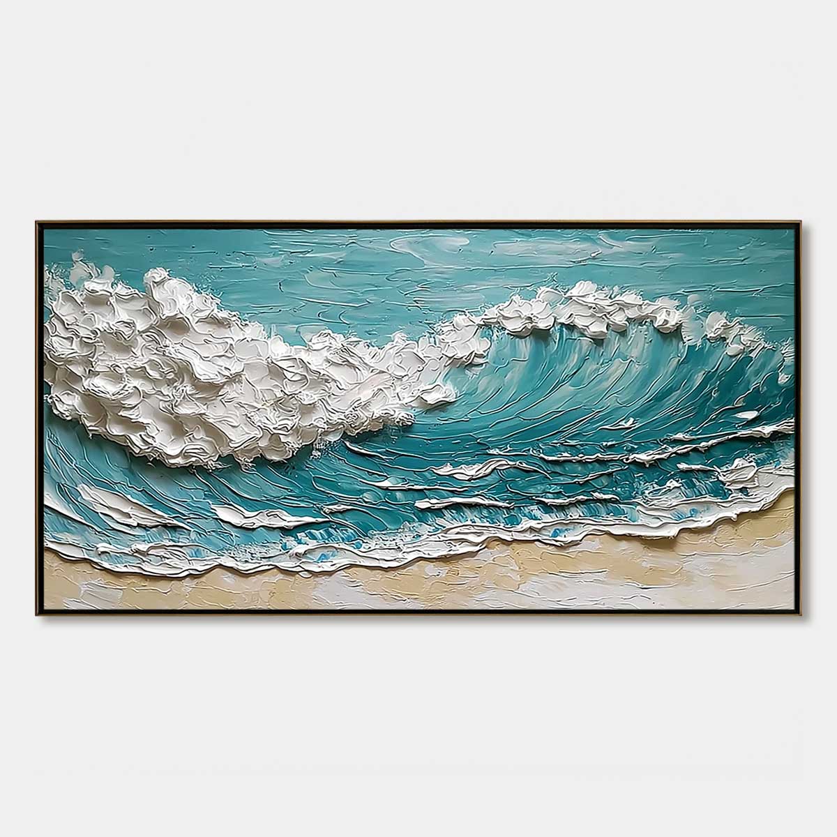 Ocean's Embrace hand-painted ocean blue, ivory and soft neutral tones textured ocean wave painting rolled canvas option
