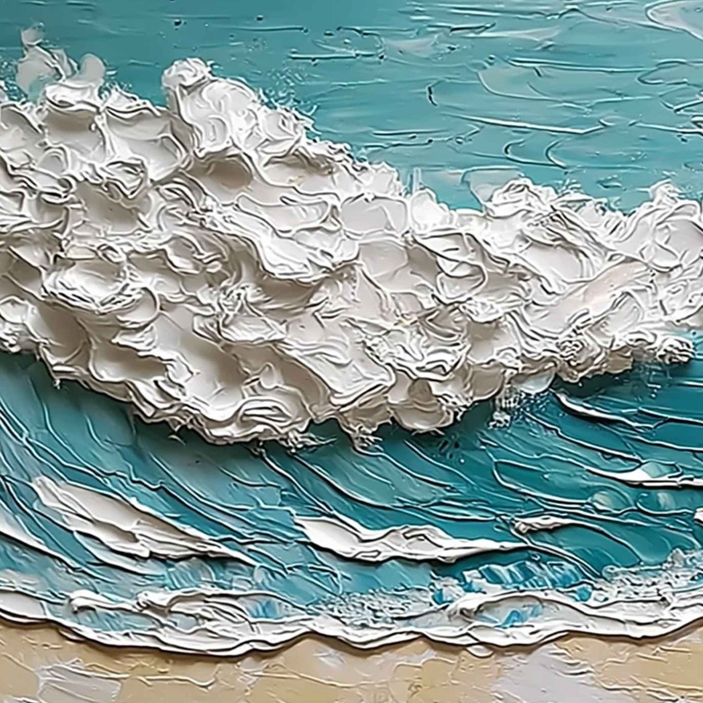 Ocean's Embrace hand-painted ocean blue, ivory and soft neutral tones textured ocean wave painting shown with gold frame
