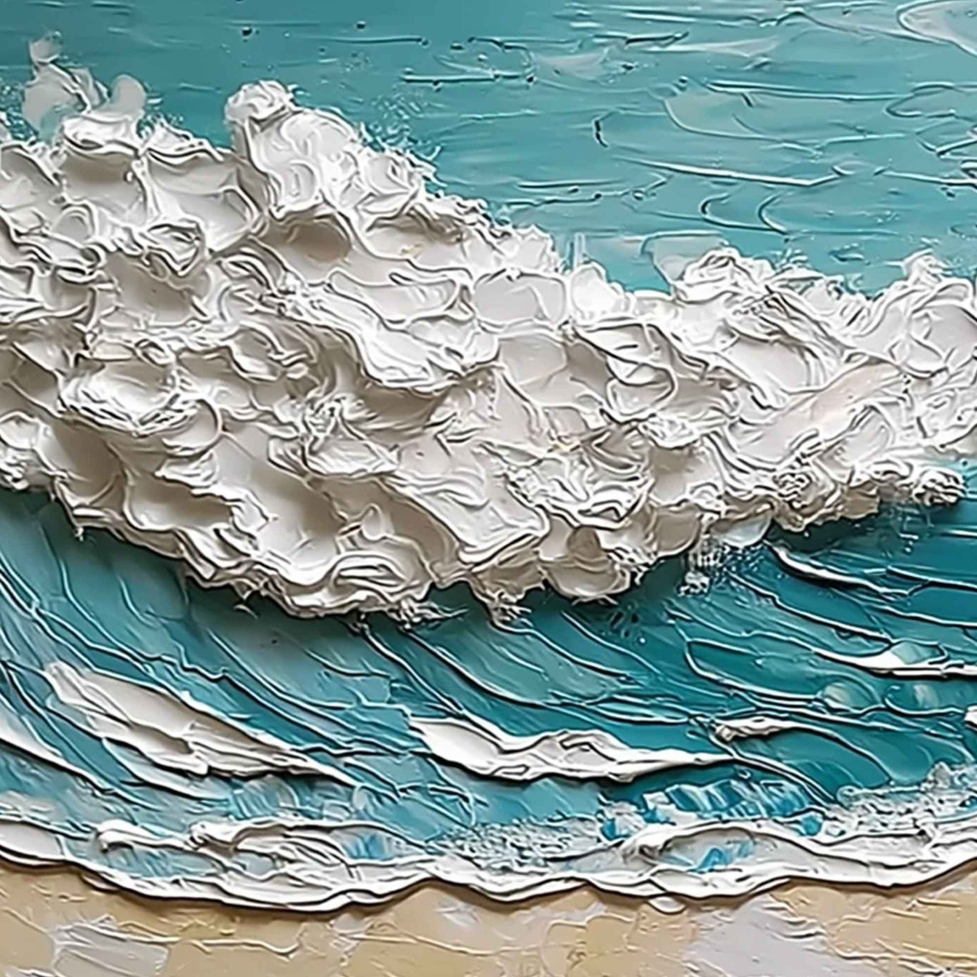 Ocean's Embrace hand-painted ocean blue, ivory and soft neutral tones textured ocean wave painting shown with gold frame