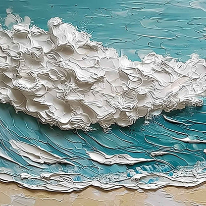 Ocean's Embrace hand-painted ocean blue, ivory and soft neutral tones textured ocean wave painting shown with gold frame