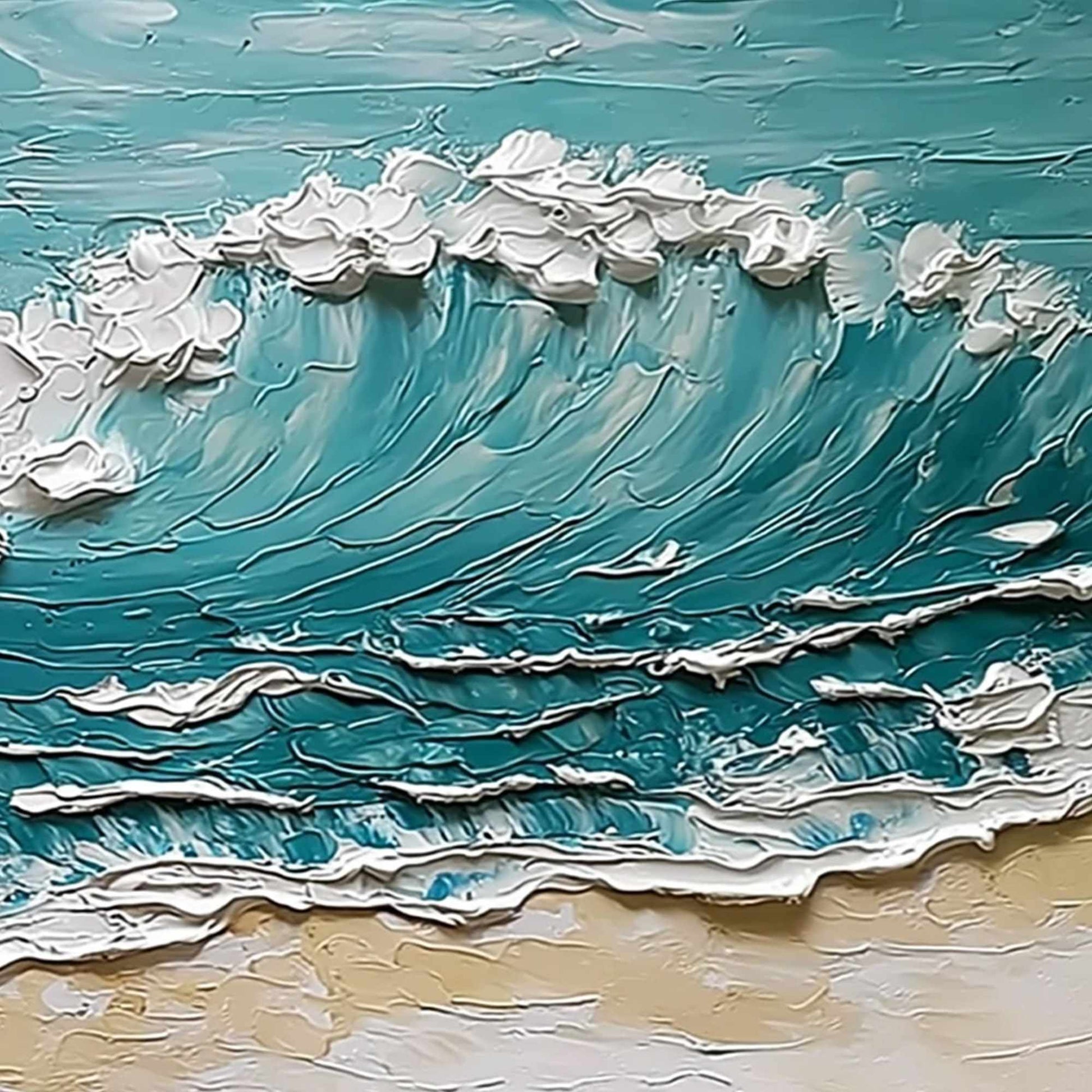Ocean's Embrace hand-painted ocean blue, ivory and soft neutral tones textured ocean wave painting shown with white frame