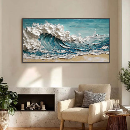 Ocean's Embrace hand-painted ocean blue, ivory and soft neutral tones textured ocean wave painting shown as stretched canvas