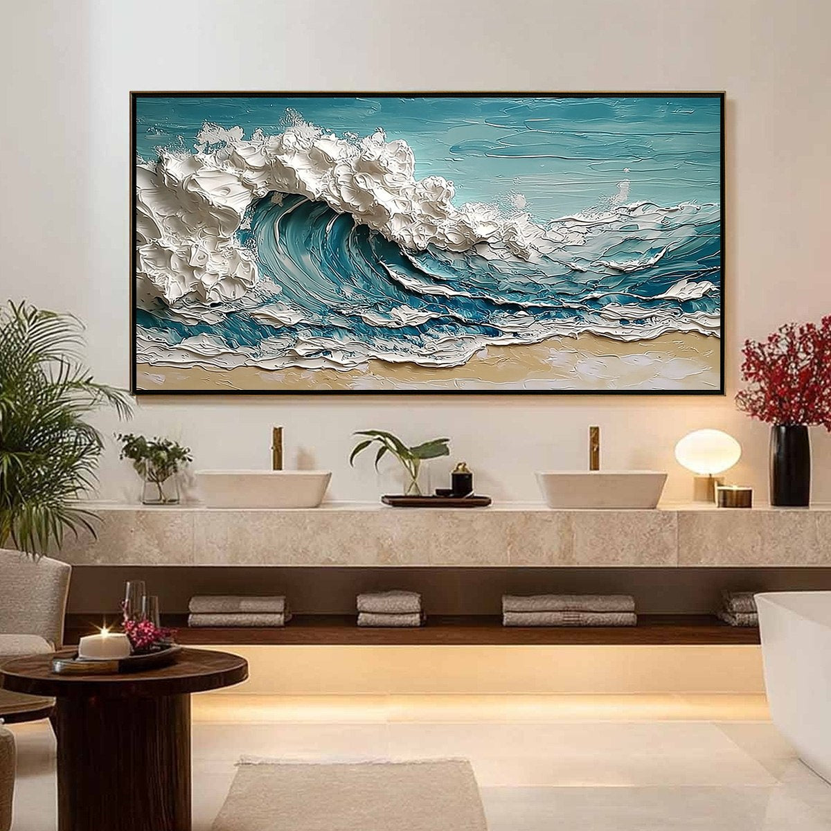Ocean's Embrace hand-painted ocean blue, ivory and soft neutral tones textured ocean wave painting shown with silver frame