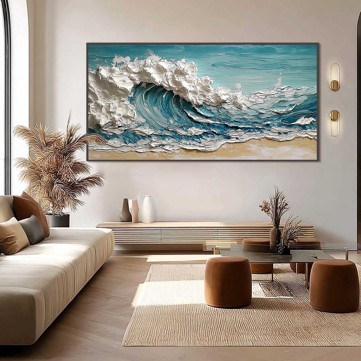 Ocean's Embrace hand-painted ocean blue, ivory and soft neutral tones textured ocean wave painting shown with black frame