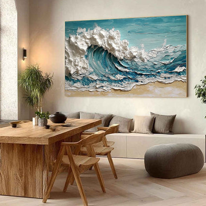 Ocean's Embrace hand-painted ocean blue, ivory and soft neutral tones textured ocean wave painting shown with wood frame