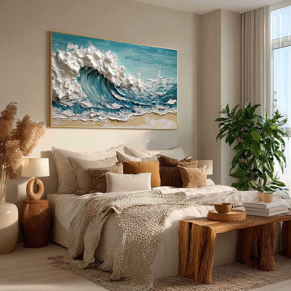 Ocean's Embrace hand-painted ocean blue, ivory and soft neutral tones textured ocean wave painting rolled canvas option