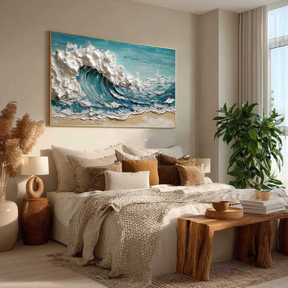 Ocean's Embrace hand-painted ocean blue, ivory and soft neutral tones textured ocean wave painting rolled canvas option