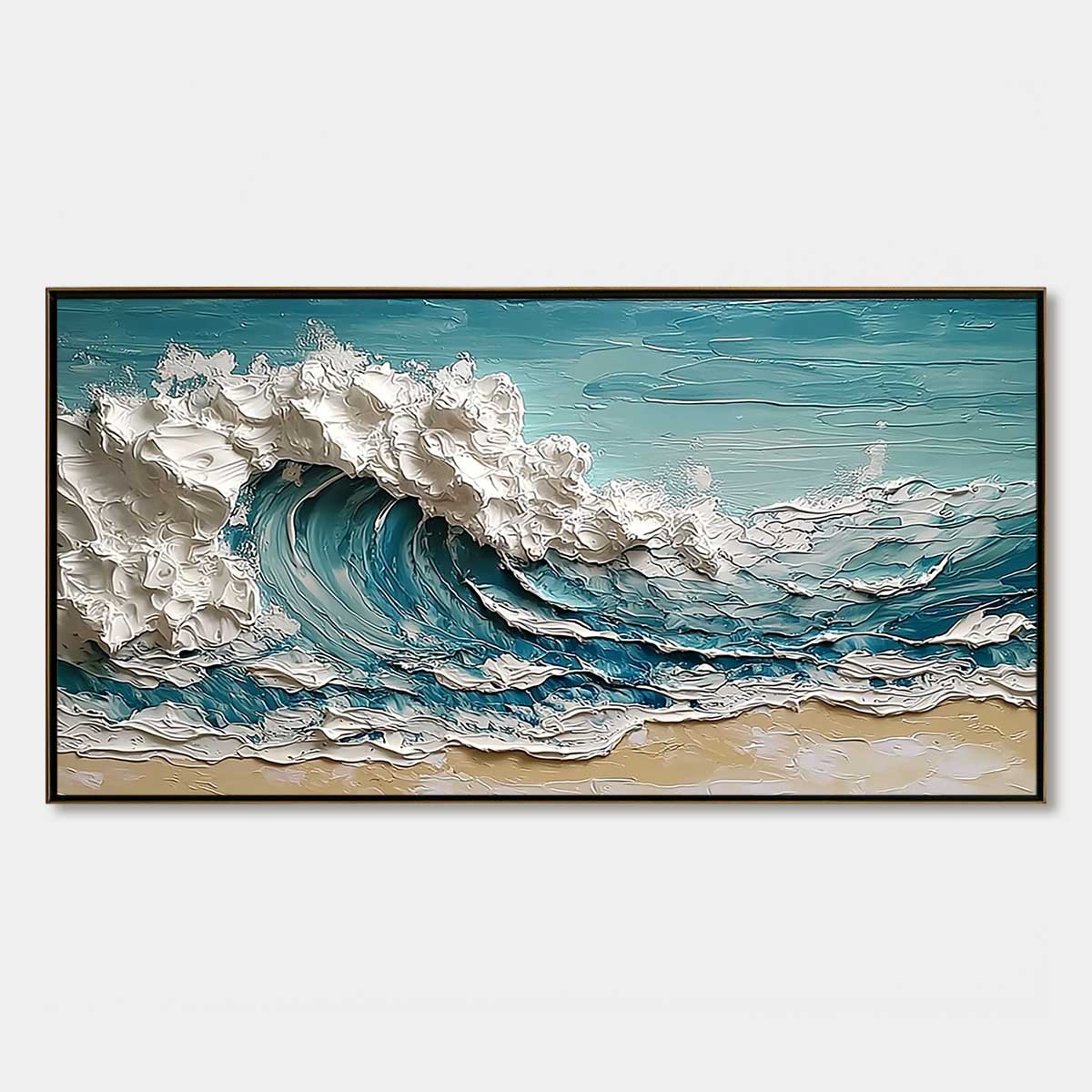 Ocean's Embrace hand-painted ocean blue, ivory and soft neutral tones textured ocean wave painting rolled canvas option