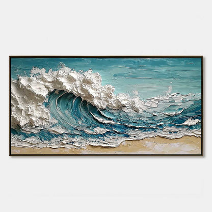 Ocean's Embrace hand-painted ocean blue, ivory and soft neutral tones textured ocean wave painting rolled canvas option