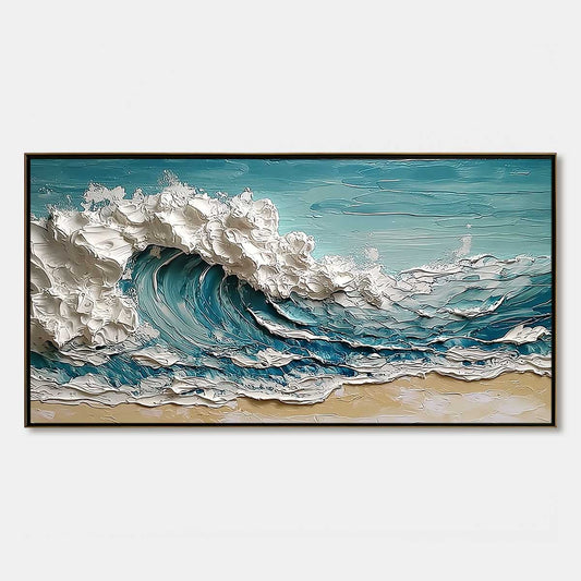 Ocean's Embrace hand-painted ocean blue, ivory and soft neutral tones textured ocean wave painting rolled canvas option