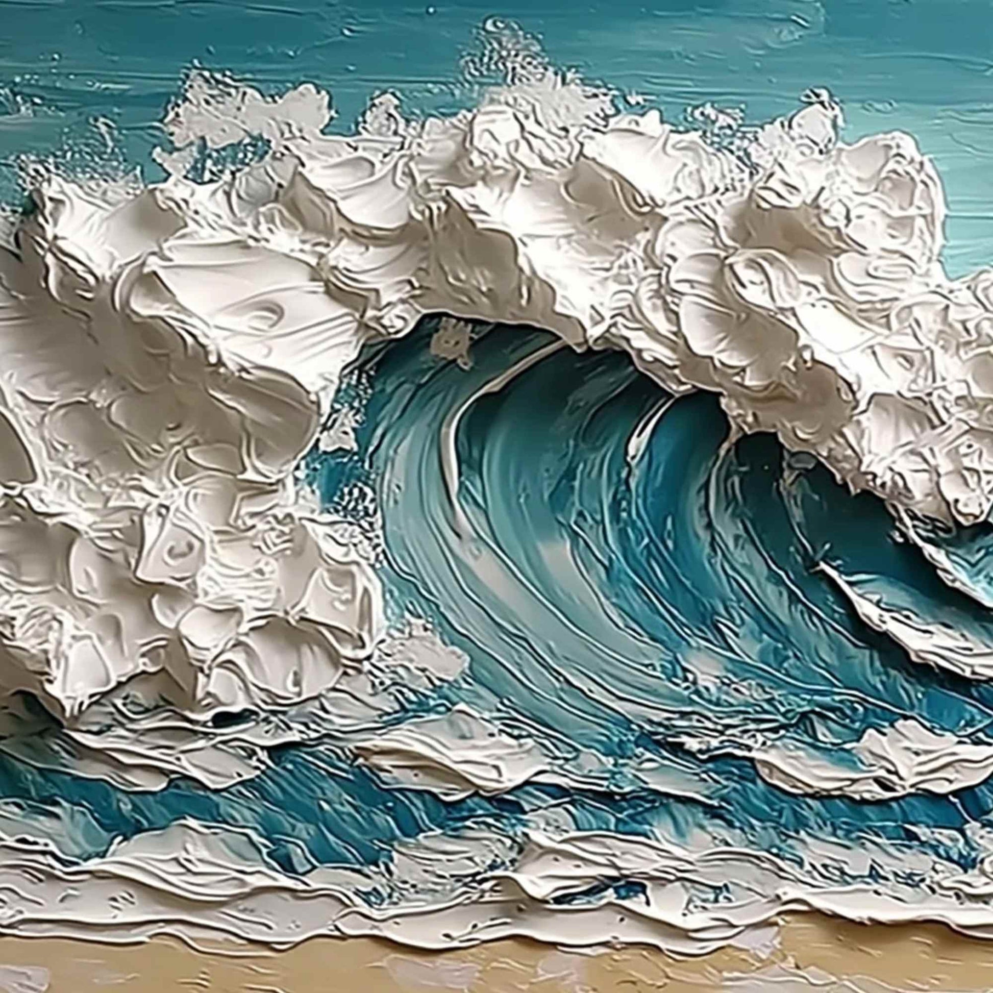 Ocean's Embrace hand-painted ocean blue, ivory and soft neutral tones textured ocean wave painting shown with gold frame