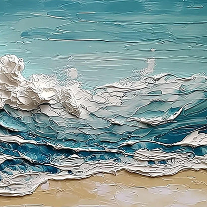 Ocean's Embrace hand-painted ocean blue, ivory and soft neutral tones textured ocean wave painting shown with white frame