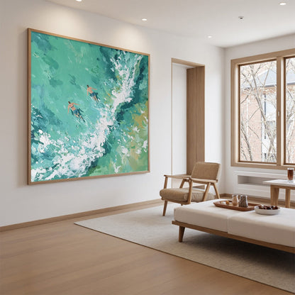 Ocean's Embrace hand-painted turquoise and ivory textured seascape painting shown with white frame