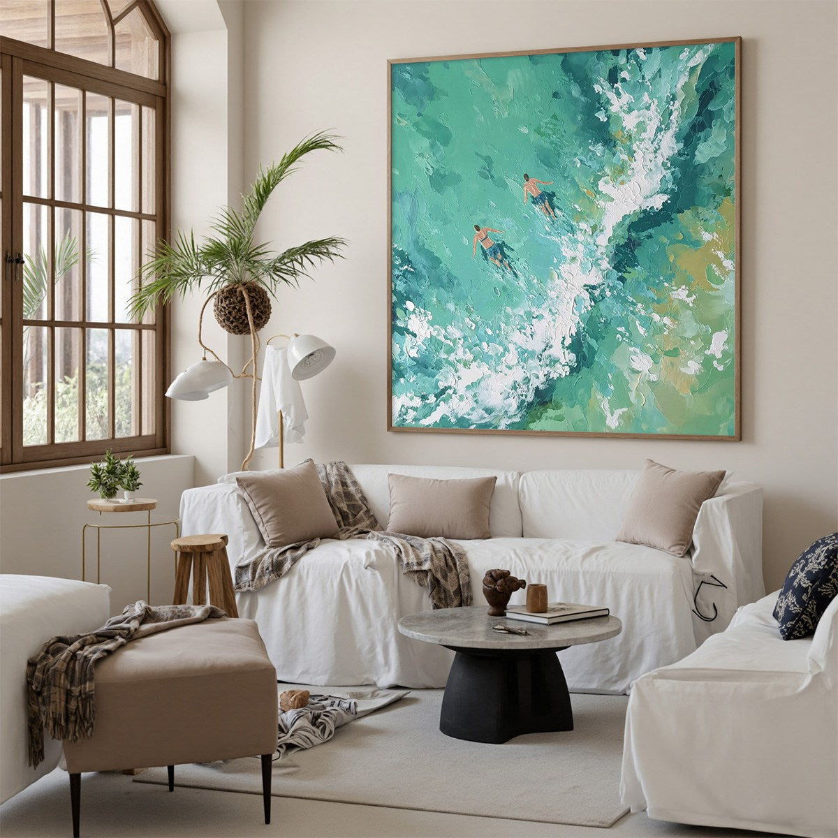 Ocean's Embrace hand-painted turquoise and ivory textured seascape painting rolled canvas option