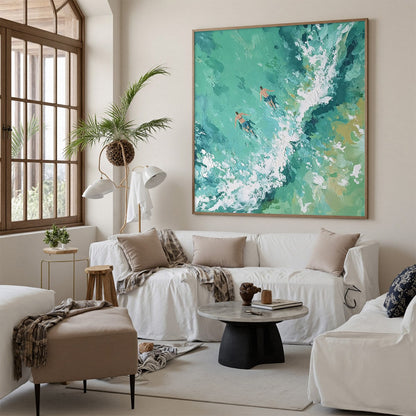 Ocean's Embrace hand-painted turquoise and ivory textured seascape painting rolled canvas option