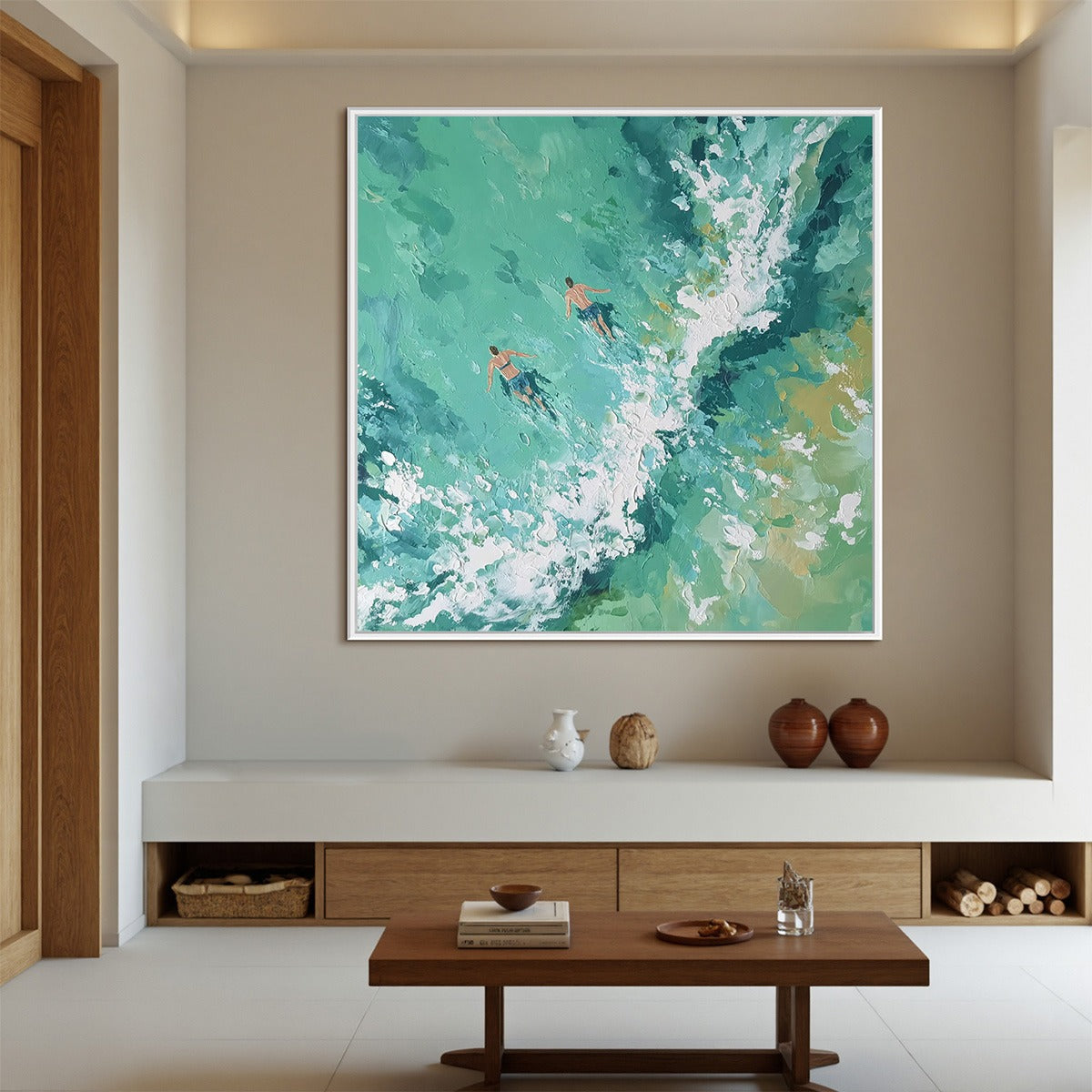Ocean's Embrace hand-painted turquoise and ivory textured seascape painting shown with black frame
