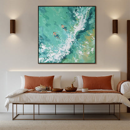 Ocean's Embrace hand-painted turquoise and ivory textured seascape painting shown as stretched canvas
